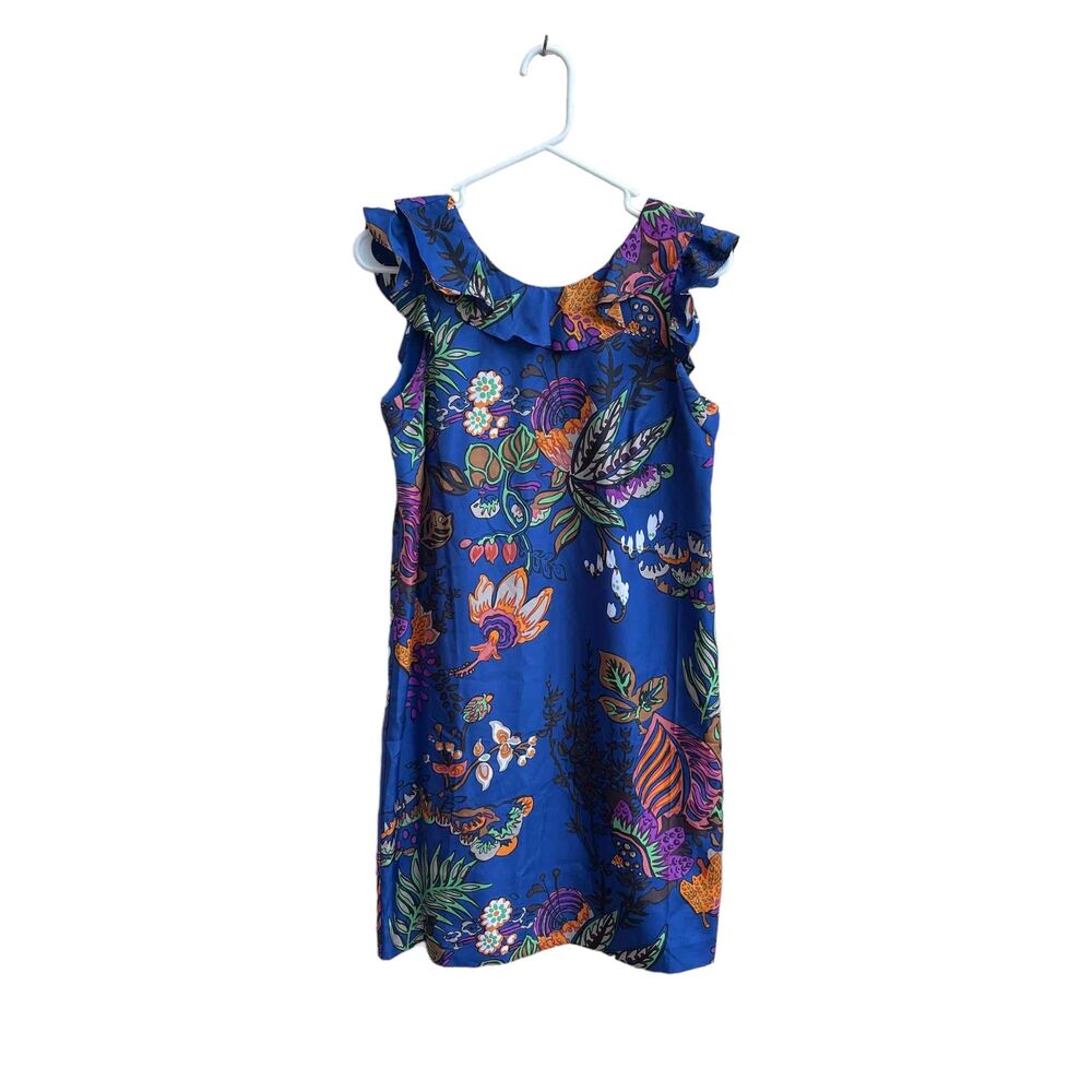 J Crew Womens Blue Floral SILK Sleeveless Ruffle Sheath Dress Size 2 Preppy‎